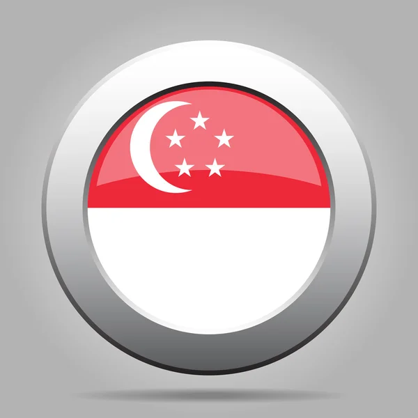 Bandera de Singapur. Brillante botón redondo gris metal . — Vector de stock
