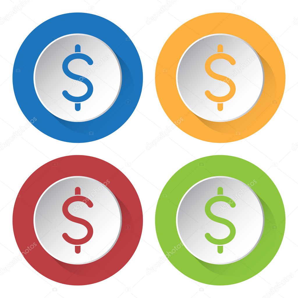 Four round color icons. Dollar currency symbol.