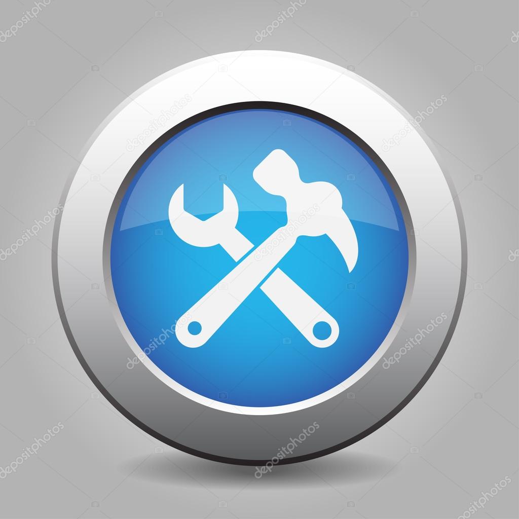 blue button, white claw hammer with spanner icon