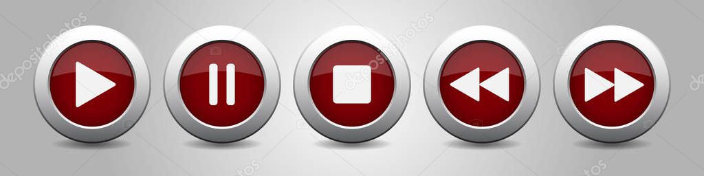 purple metallic music control buttons, white icons