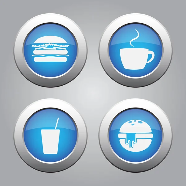 Azul conjunto de botões metálicos, ícones de fast food branco — Vetor de Stock