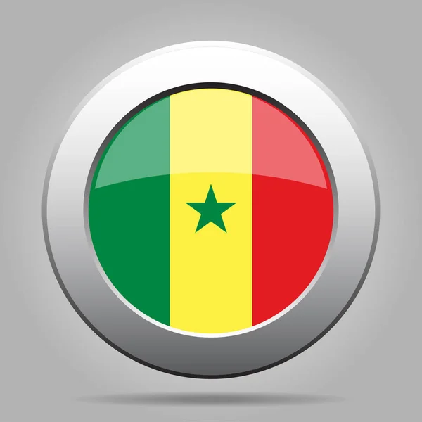 Flag of Senegal. Shiny metal gray round button. — Stock Vector