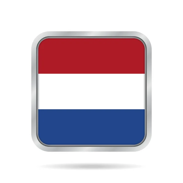 Bandera de Holanda. Botón cuadrado gris metálico . — Vector de stock