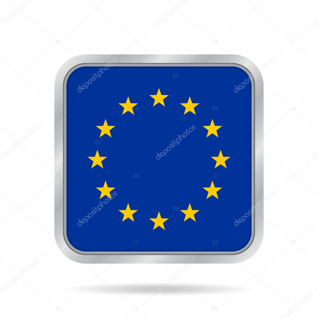 Flag of EU. Shiny metallic gray square button.