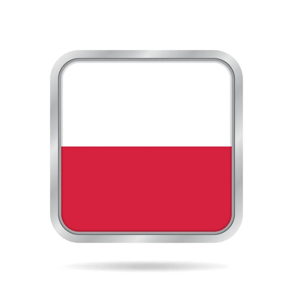 Flaga Polska. Błyszczący Metaliczny szary przycisk kwadratowy. — Wektor stockowy