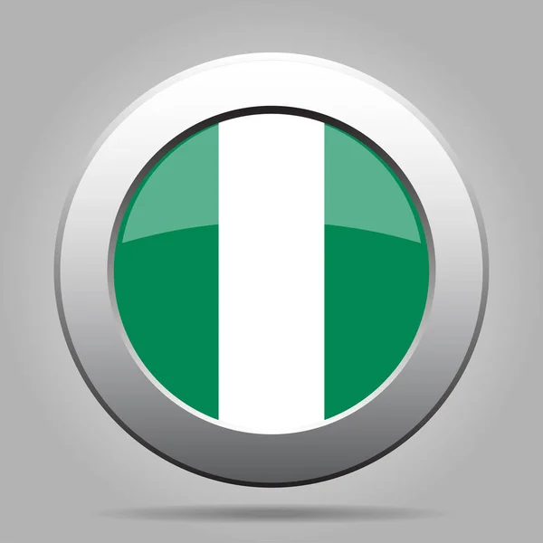 Bandeira da Nigéria. Brilhante metal cinza botão redondo . — Vetor de Stock