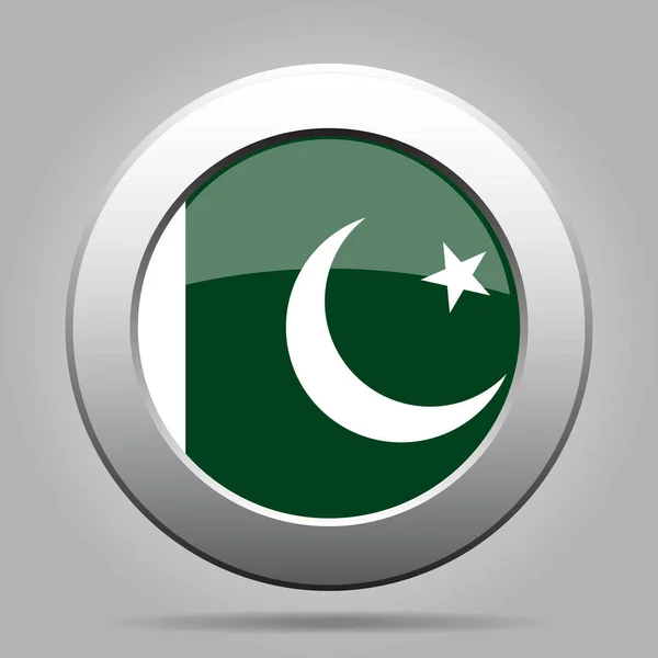 Bandeira do Paquistão. Brilhante metal cinza botão redondo . — Vetor de Stock