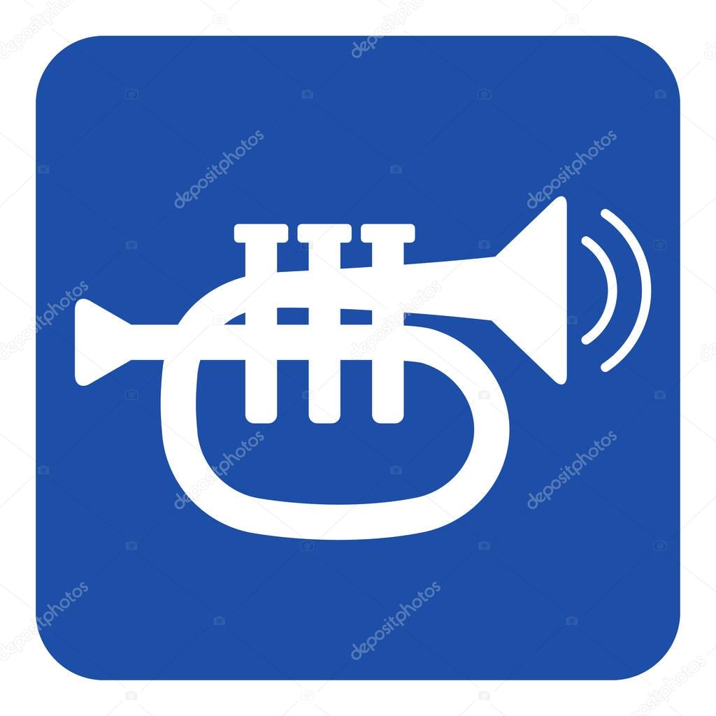 blue, white sign - trumpet and two vibration waves
