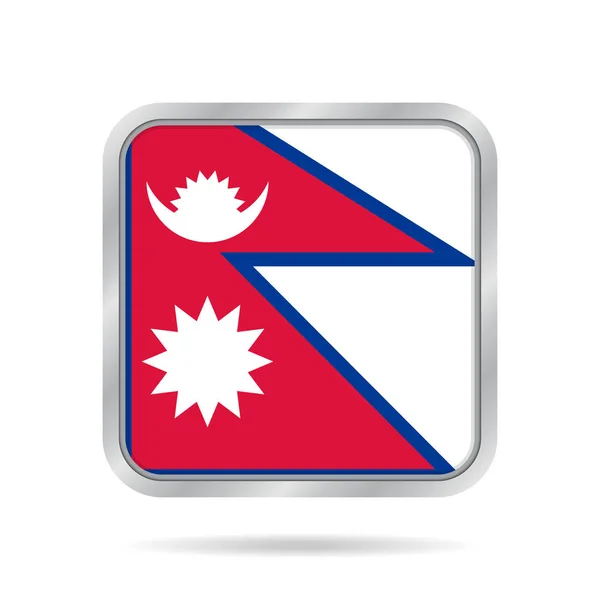 Bendera Nepal. Tombol bujur sangkar abu-abu metalik berkilau . - Stok Vektor