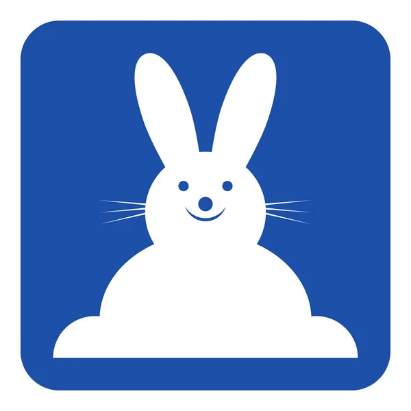Azul, sinal branco - coelho sorridente, ícone de visão frontal — Vetor de Stock
