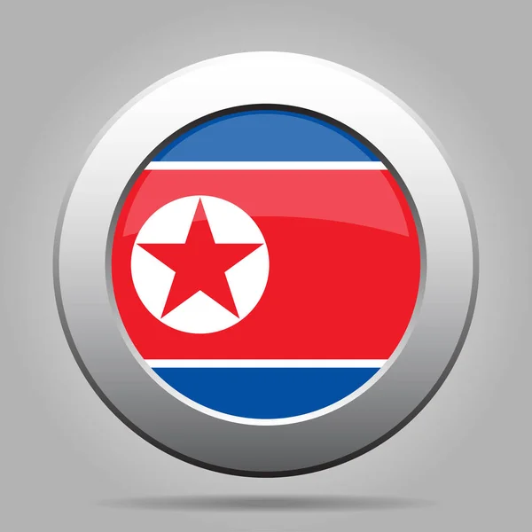 Flag of North Korea, shiny metal gray round button — Stock Vector