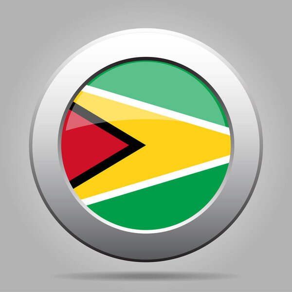 Flag of Guyana. Shiny metal gray round button.