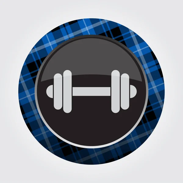 Button with blue, black tartan - dumbbell icon — Stock Vector