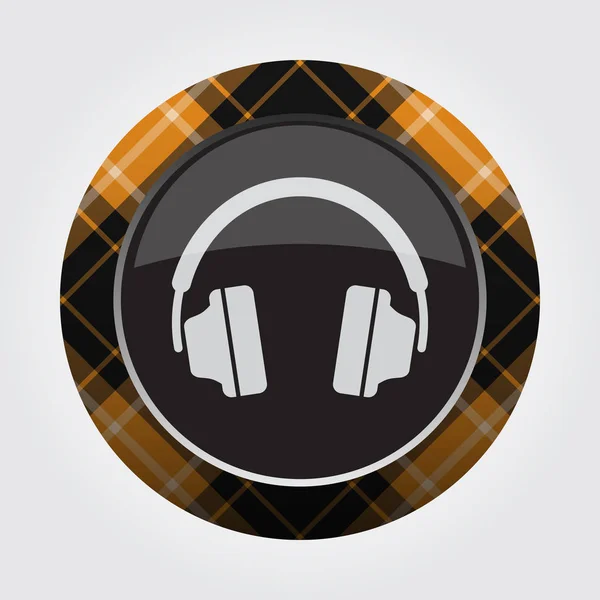 Button with orange, black tartan - headphones icon — Stock Vector