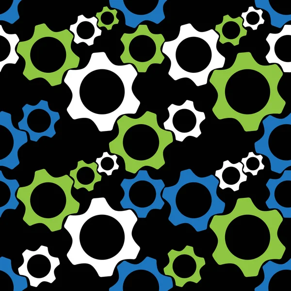 Seamless pattern - blue, green, white cogwheels — Stock Vector