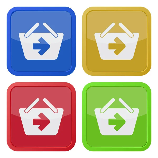 Vier vierkante gekleurde pictogrammen, volgende winkelmandje — Stockvector