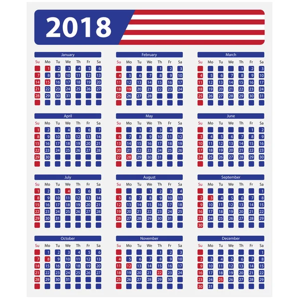 Ημερολόγιο ΗΠΑ 2018, επίσημες αργίες — Διανυσματικό Αρχείο