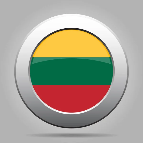Litevská vlajka. Kovové šedé kulaté tlačítko. — Stockový vektor