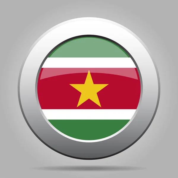 Bandiera del Suriname. Pulsante rotondo grigio metallo . — Vettoriale Stock
