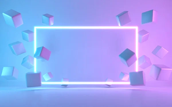 Neon frame sign with cube. 3d rendering