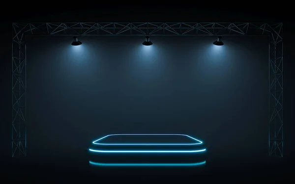 Neon Színpad Reflektorfény Háttérrel Renderelés — Stock Fotó