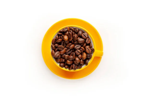 Bright Yellow Cup Plate Filled Coffee Beans — Stock Photo, Image