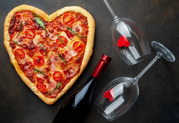 Pizza served with alcohol. Valentines day concept.