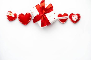Valentine's day background. Various hearts and gift box  on white background. 
