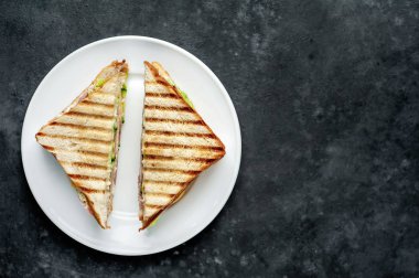 Taş zeminde beyaz bir tabakta lezzetli sandviçler.