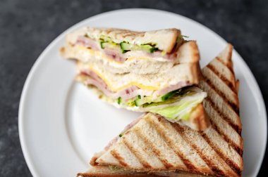 Taş zeminde beyaz bir tabakta lezzetli sandviçler.