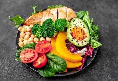 Pilav, tavuk göğsü, brokoli, balkabağı, avokado, nohut, havuç, salatalık, arka planda pancar.