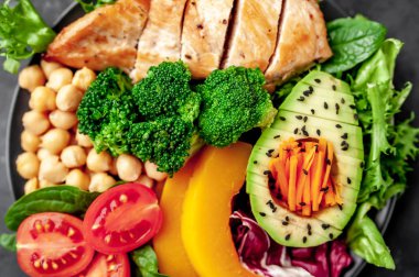 Pilav, tavuk göğsü, brokoli, balkabağı, avokado, nohut, havuç, salatalık, arka planda pancar.