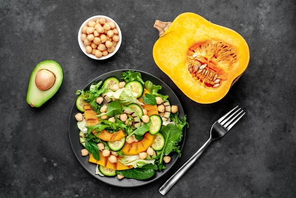 Plate Avocado Salad Chickpeas Pumpkins Cucumbers Poached Eggs Plate Stone — 스톡 사진