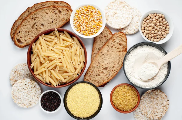 Fette Pane Con Ciotola Penne Ceci Mais Con Riso Fondo — Foto Stock