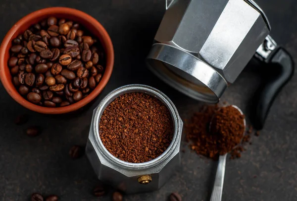 Cup Coffee Geyser Coffee Maker Beans Stone Background Top View — Stock Photo, Image