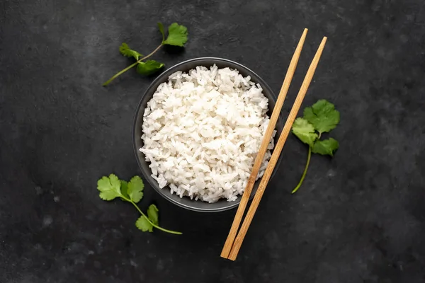 Weißer Gekochter Reis Schüssel Und Essstäbchen — Stockfoto