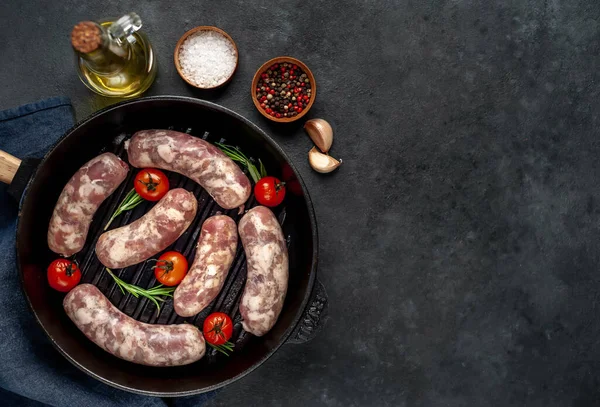 Cooking Raw Sausages Frying Pan — Stock Photo, Image