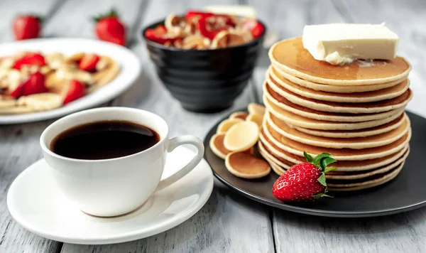Concept Delicious Breakfast Coffee Mini Pancakes Strawberries Bananas Nuts Plate — Stock Photo, Image
