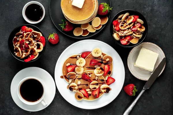 Concept Delicious Breakfast Coffee Mini Pancakes Strawberries Bananas Nuts Plate — Stock Photo, Image