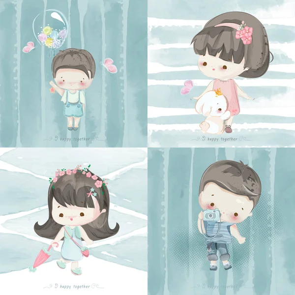 Cute boy and girl Premium vector in watercolor style. — Stock Vector