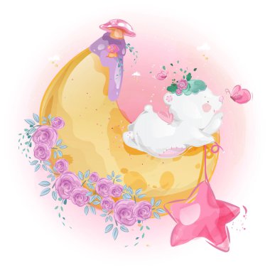 Cute little rabbit and moon in the bright sky.