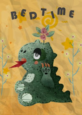 Dinosaur with a bright flower in an old vintage paper style.