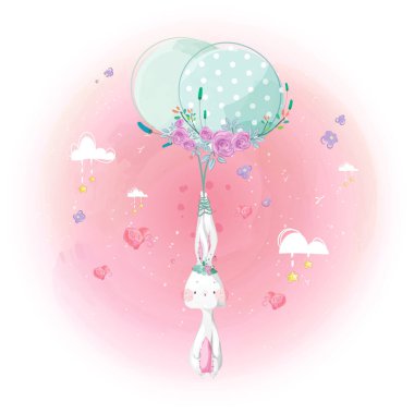 Cute little rabbit and balloon in the bright sky.