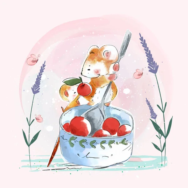 Cute rat with a bright red berry bowl in an old vintage paper st — Stok Vektör