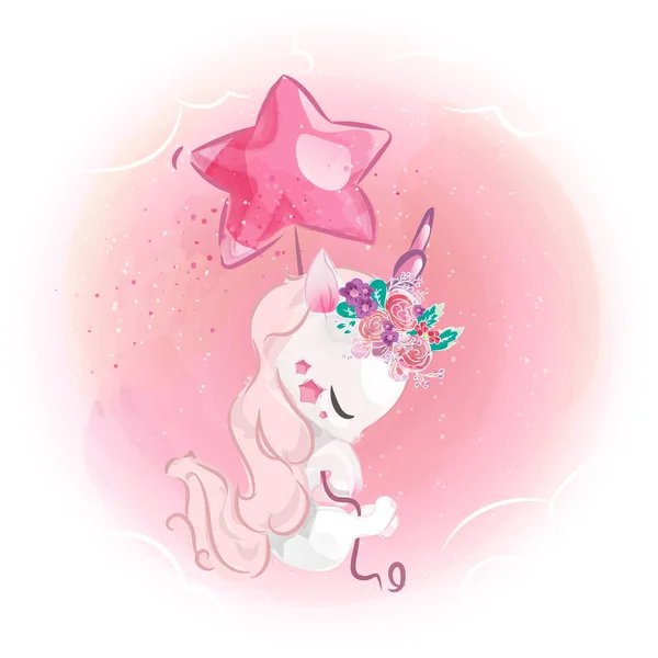 Elegante unicorno con una stella palloncino nel cielo . — Vettoriale Stock