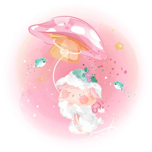 Cute little sheep and mushrooms fly in the clear sky. — 스톡 벡터