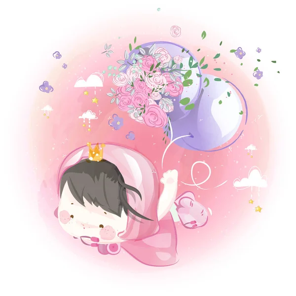 Uma princesa pequena bonito com balões roxos e flores em um bri — Vetor de Stock