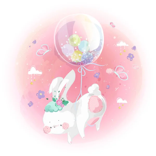 Pequeno coelho bonito e balão no céu brilhante . — Vetor de Stock