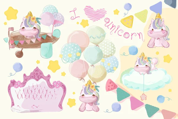 Cute Unicorn Set Pictures Fun Party Celebration Day — Vetor de Stock