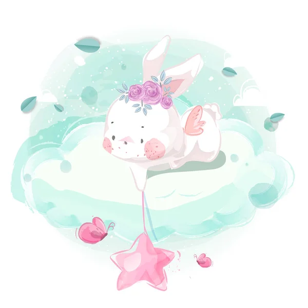 Маленький Кролик Веселые Собирающие Звезды — стоковый вектор